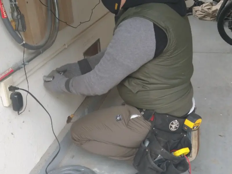 Electrician performing outlet wiring in a Tishomingo garage